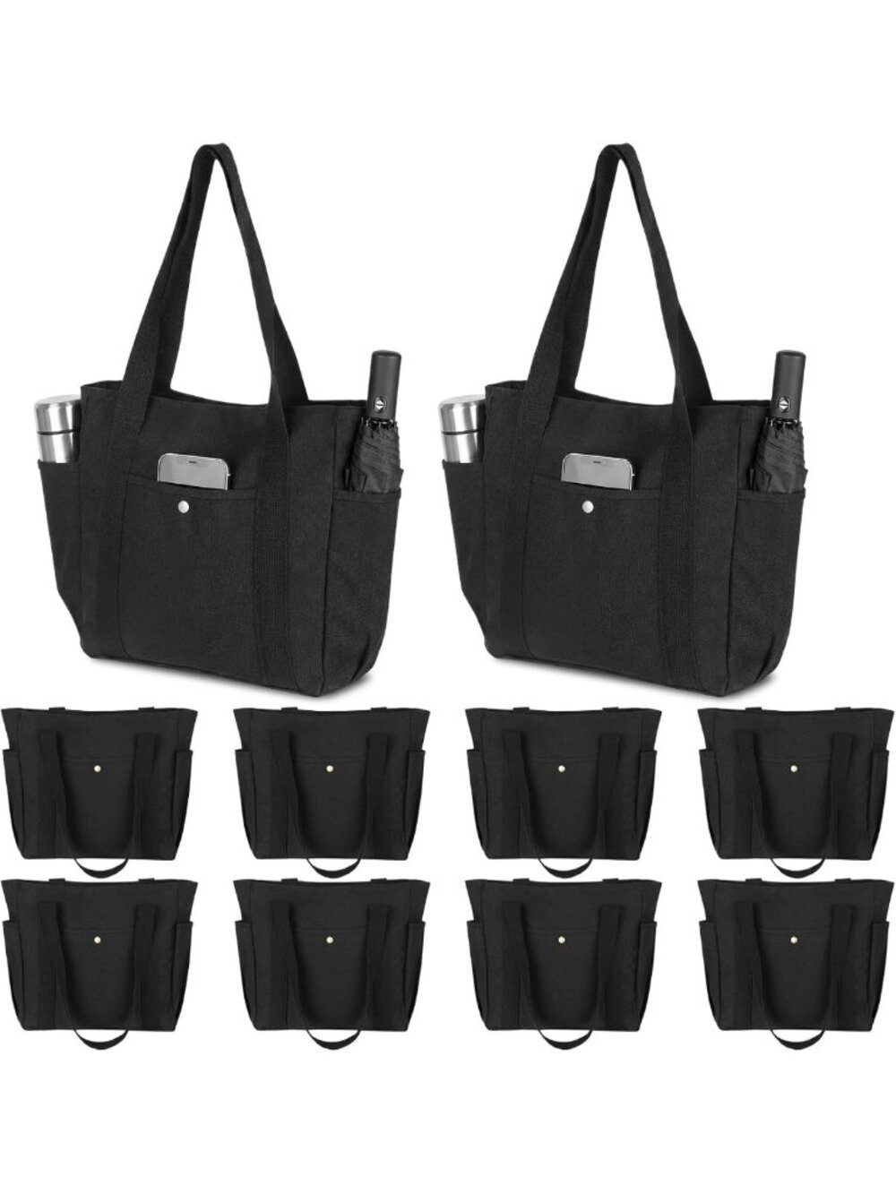 10 Pcs Black Canvas Tote Bags for Women - Reusable Zipper Shoulder Handbags